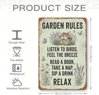 Vintage Metal Garden Sign, Garden Rules Wall Decor for Home Patio Yard, Gardening Gifts for Women, 8 x 12 Inches
