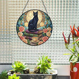 Black Cat Floral Book Stained Glass Window Hanging, Black cat suncatcher,Beautiful Flowers Book Lovers Stained Glass Suncatcher, Book Reader Gifts Round Wall Hanging Decor, 7.9x7.9in