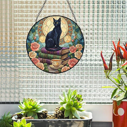 Black Cat Floral Book Stained Glass Window Hanging, Black cat suncatcher,Beautiful Flowers Book Lovers Stained Glass Suncatcher, Book Reader Gifts Round Wall Hanging Decor, 7.9x7.9in