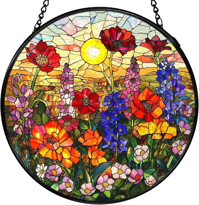 Flower Sunset Stained Glass Window Hanging, Cottagecore Wildflower Sun Catchers Indoor Window Round Glass Wall Art Decor, Floral Suncatcher Wall Hanging Decorations, Lawn Care