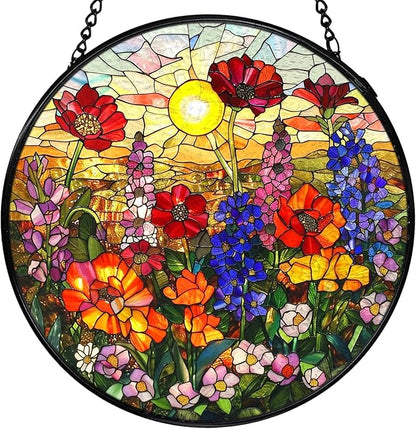 Flower Sunset Stained Glass Window Hanging, Cottagecore Wildflower Sun Catchers Indoor Window Round Glass Wall Art Decor, Floral Suncatcher Wall Hanging Decorations, Lawn Care