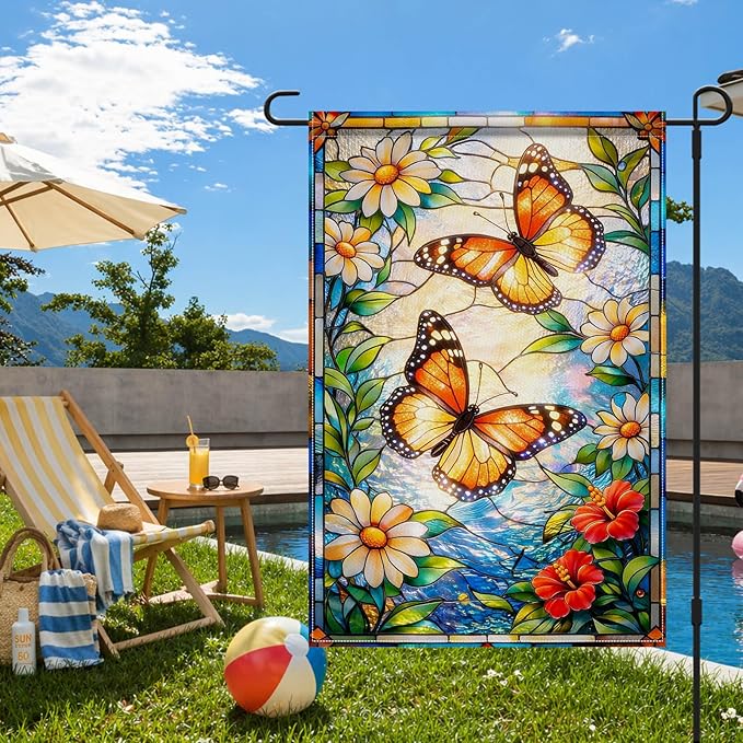 IVN Stained Glass Butterfly Garden Flag 12x18 Inch – Daisy Floral Outdoor Flag, Double Sided Burlap Spring Summer Yard Flag for Porch Lawn Patio Decor
