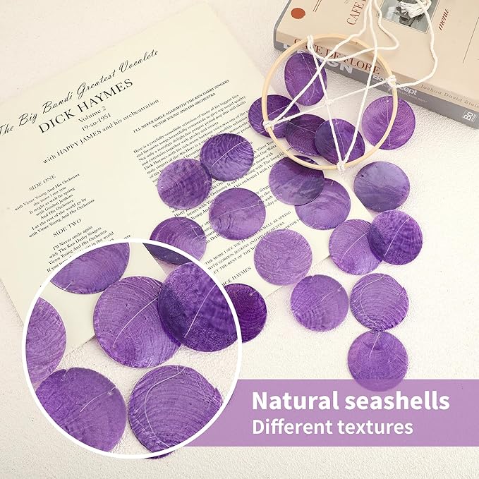 Capiz Wind Chimes for Outside, Outdoor Seashell Hanging Beach Coast Ocean Home Decorative, Unique Natural Shell Waterfall Windchimes for Summer Patio, Great Memorial Sympathy Gift（Purple