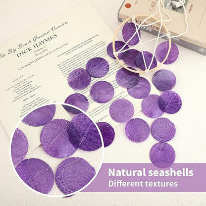 Capiz Wind Chimes for Outside, Outdoor Seashell Hanging Beach Coast Ocean Home Decorative, Unique Natural Shell Waterfall Windchimes for Summer Patio, Great Memorial Sympathy Gift（Purple