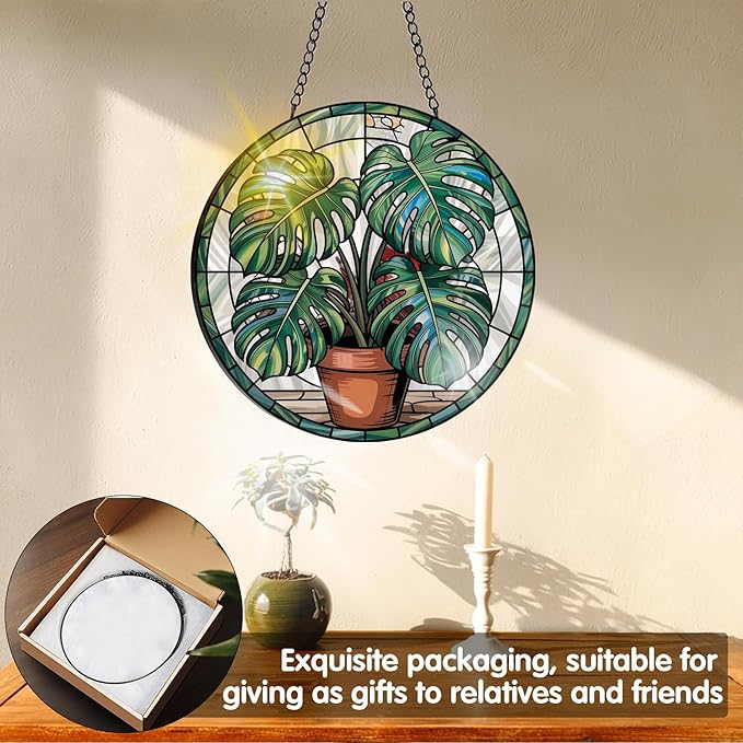 VAIIEYO Monstera Leaf Sun Catcher Stained Glass Window Hanging Ornament, Monstera Plant Sun Catcher Decoration, Plant Lover Decor, Plant Lover Gifts, Mother's Day Birthday Housewarming Gift 7.8 inch