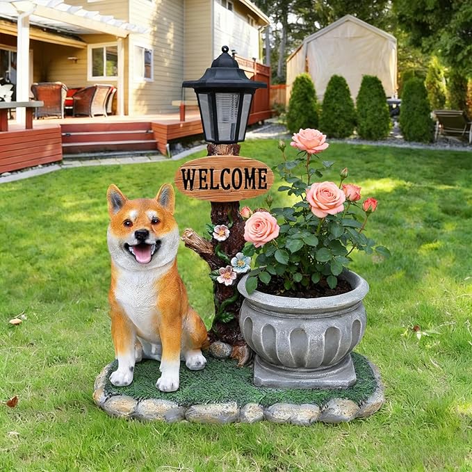 20" Solar Akita Garden Statue with Welcome Sign & Planter - Large Dog Sculpture with LED Street Lantern - Weatherproof Resin Decorative Flower Pot for Porch, Yard & Patio - Pet Lover Gift