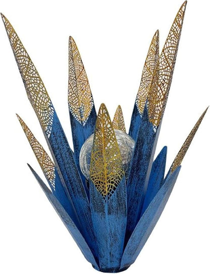 Tequila Rustic Sculpture, Metal Agave Statues Garden Hand Painted Decor for Yard Lawn Patio, Home Outdoor Courtyard Decoration with Solar Light Hollowed Leaves, Ornament Gifts (Blue, Size)