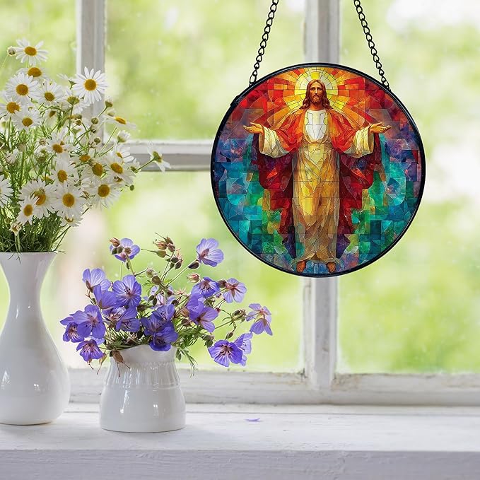 Easter Jesus Christian Suncatcher Stained Glass Window Hanging, Jesus Religious Sunshine Sun Catchers Indoor Window Glass Wall Art Decor, Christian Wall Hanging Decor, 7.9x7.9 Inch