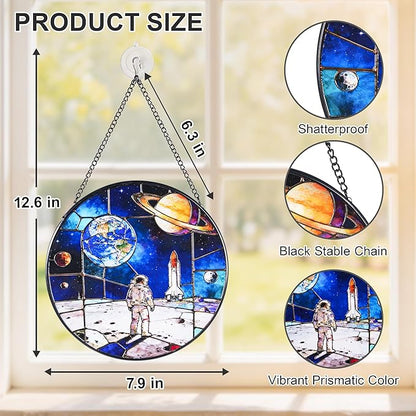 Stained Glass Window Hanging Suncatchers with Armstrong's Moon Landing 12.6", Vibrant Glass Panel with Metal Chain for Home Decor Gift for Women Mother's Day, Birthday, Men, and Mom