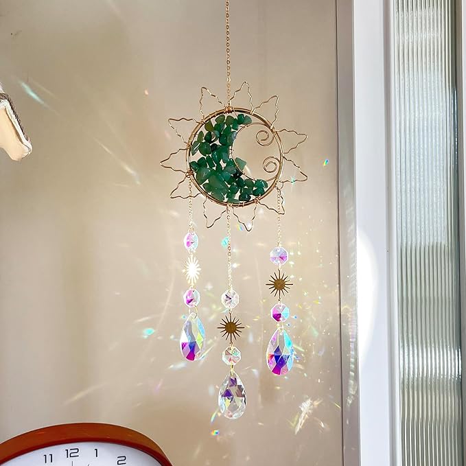 Sun & Crescent Crystal Suncatcher, Crystal Hanging Prism, Rainbow Makers, Housewarming Gift, Garden Decoration, Window Ornament (Green)