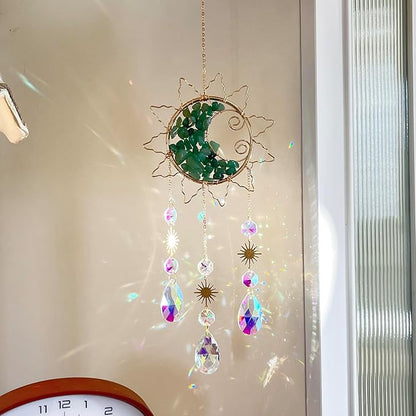 Sun & Crescent Crystal Suncatcher, Crystal Hanging Prism, Rainbow Makers, Housewarming Gift, Garden Decoration, Window Ornament (Green)