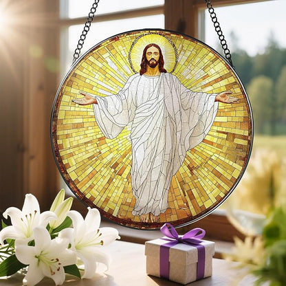 8'' Jesus Christ Stained Glass Suncatcher, Stained Glass Window Hanging, Religious Christmas Ornament, Christian Holiday Decor, Gift for Christmas, Religious Gifts, Christian Gifts
