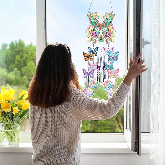 DIY Wind Chime Pendant Spring 3D Diamond Art Painting Hanging Ornament Double Sided Diamond Suncatchers for Window Home Backyard Garden Wall Door Decor (Butterfly04)