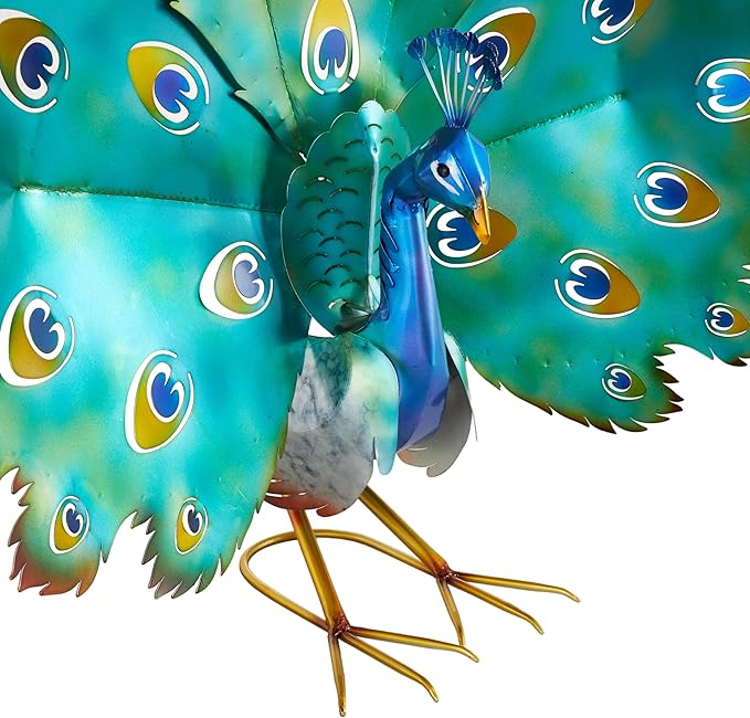 Deco 79 Metal Peacock Decorative Garden Sculpture Garden Statue with Gold Legs and Teal Wings, Outdoor Sculpture 38" x 11" x 33", Blue