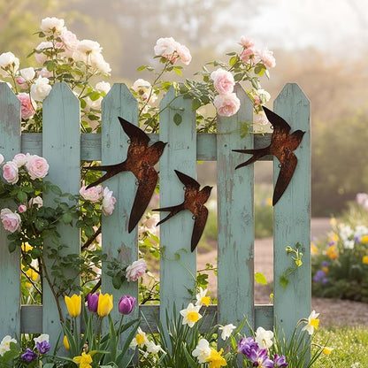 Kathfly 3 Pcs Rusty Metal Birds Outdoor Garden Art Farmhouse Rustic Bird Wall Ornaments Decor Vintage Metal Statue Wall Art for Fence Yard Decoration Outdoor and Garden 8.27", 7.09", 5.91"