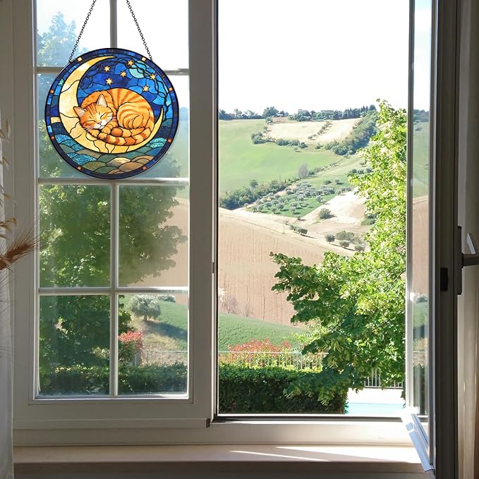 Cat Stained Glass Suncatcher, Sleeping Orange Cat on Yellow Moon with Stars Floral Round Window Hanging, Light Catcher Home Decor Gift for Cats Lovers Women Wife Mom Christmas Birthday 7.8 in