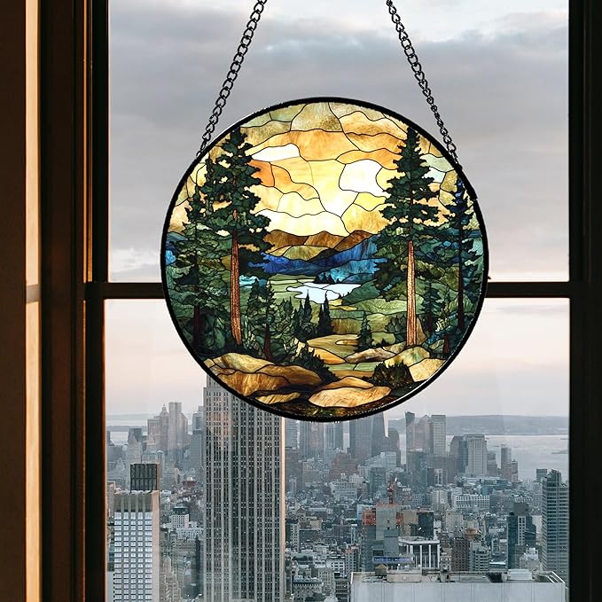 Stained Glass Window Hanging Forest Lake Mountain Sunset Large 15" - Suncatcher Door Garden Sunroom Sun Catcher Home Decor Birthday Christmas for Mom Men Woman Nana Friend