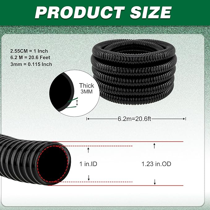 1 Inch Tubing Corrugated Pond Hose 1-Inch ID, 20.6 FT Length, Black PVC Kinkproof Strong Flex Tubing with Pipe Fittings, Aquarium, Pond Waterfall, Garden Pump Hose Drainage Tube