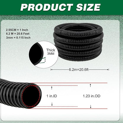 1 Inch Tubing Corrugated Pond Hose 1-Inch ID, 20.6 FT Length, Black PVC Kinkproof Strong Flex Tubing with Pipe Fittings, Aquarium, Pond Waterfall, Garden Pump Hose Drainage Tube