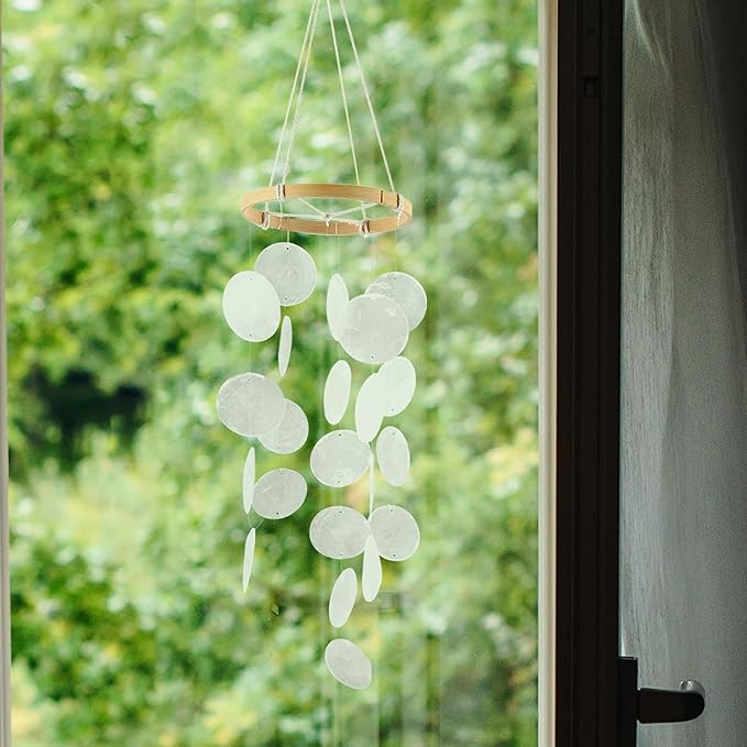 Handmade Capiz Wind Chimes for Outside, Outdoor Seashell Hanging Beach Coast Ocean Home Decorative, Unique Natural Shell Waterfall Windchimes for Summer Patio, Great Memorial Sympathy Gift（White