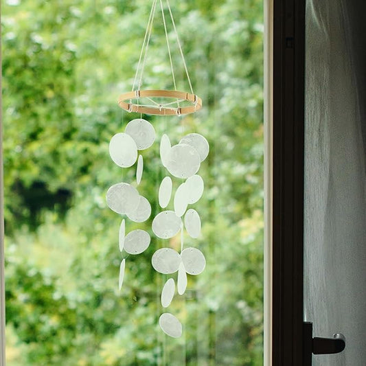 Handmade Capiz Wind Chimes for Outside, Outdoor Seashell Hanging Beach Coast Ocean Home Decorative, Unique Natural Shell Waterfall Windchimes for Summer Patio, Great Memorial Sympathy Gift（White
