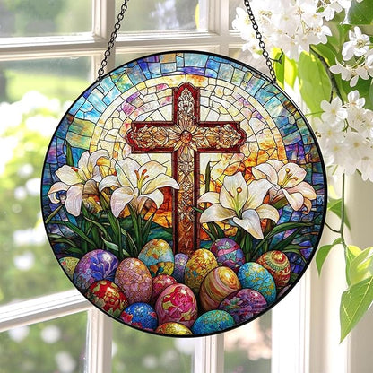 Easter Stained Glass Window Hanging,Suncatcher Cross with Lilies Christian Window Hanging Decor Colorful Religious Glass Ornament for Home, Church, Spring Easter Gifts 7.8 in