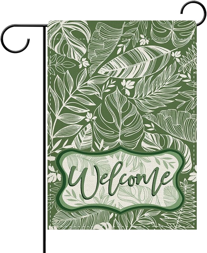 Dyrenson Welcome Green Leaves Decorative Garden Flag, Tropical Plant Monstera Botanical Yard Outside Home Decoration, Spring Summer Floral Burlap Outdoor Small Decor Double Sided 12 x 18