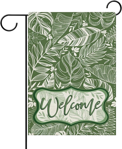 Dyrenson Welcome Green Leaves Decorative Garden Flag, Tropical Plant Monstera Botanical Yard Outside Home Decoration, Spring Summer Floral Burlap Outdoor Small Decor Double Sided 12 x 18