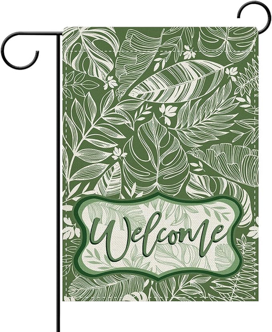 Dyrenson Welcome Green Leaves Decorative Garden Flag, Tropical Plant Monstera Botanical Yard Outside Home Decoration, Spring Summer Floral Burlap Outdoor Small Decor Double Sided 12 x 18
