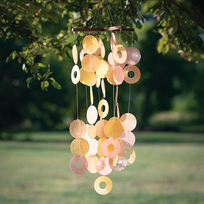 Woodstock Wind Chimes for Outside, Garden, Patio, Porch and Outdoor Decor (27'') Sunlit Bay Capiz Wind Chimes (C300)