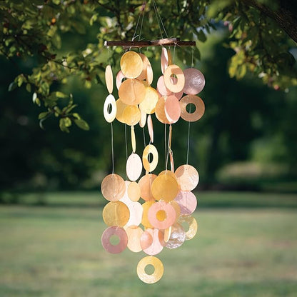 Woodstock Wind Chimes for Outside, Garden, Patio, Porch and Outdoor Decor (27'') Sunlit Bay Capiz Wind Chimes (C300)