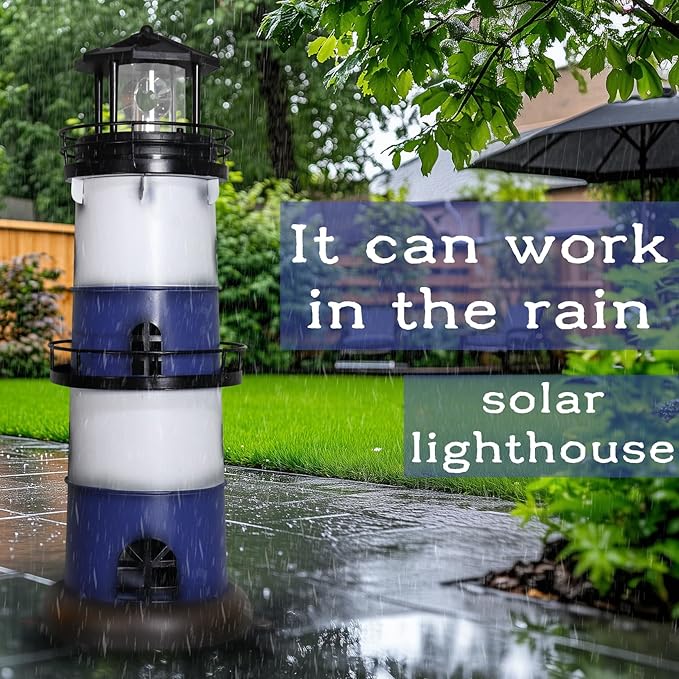 Solar Metal Lighthouse - Outdoor Garden Lighthouse with Rotating LED Light, Water Resistant, Blue, Round