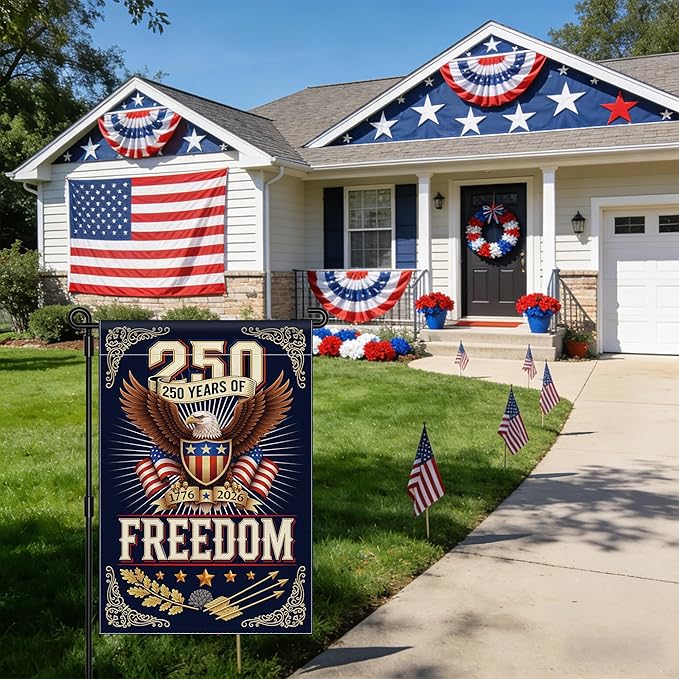 250 Anniversary USA Garden Flag, 4th of July Garden Flag America Patriotic Banner 250 Years of Freedom Yard Sign Eagle Design Double-Sided Waterproof 1776-2026 Commemorative Flag 12x18 Inch