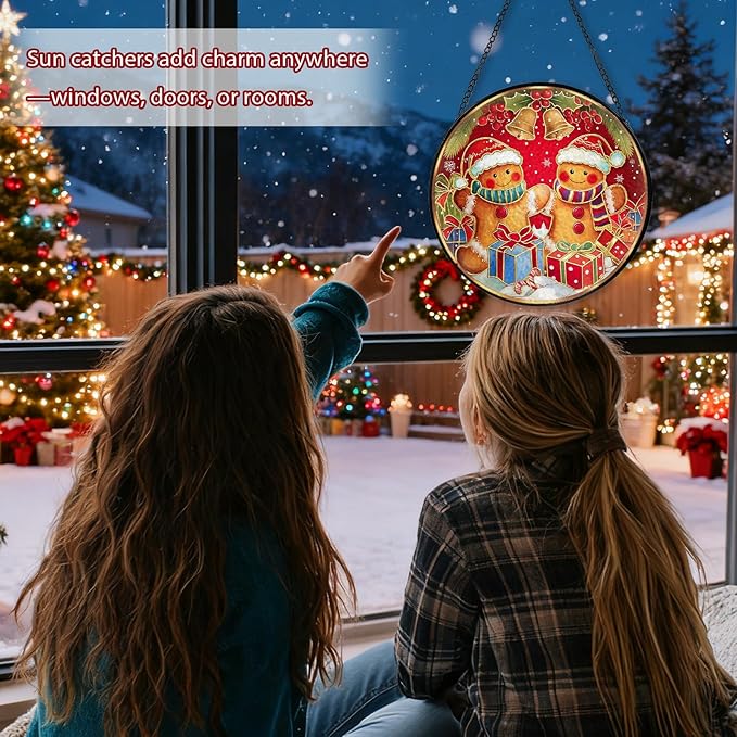 Christmas Decorations Stained Glass Window Hanging, Gingerbread Candy Cane Christmas Suncatcher for Window Hanging, Suncatchers Indoor Windows Wall Art for Mom Grandma, for Home Office 7.87 inches
