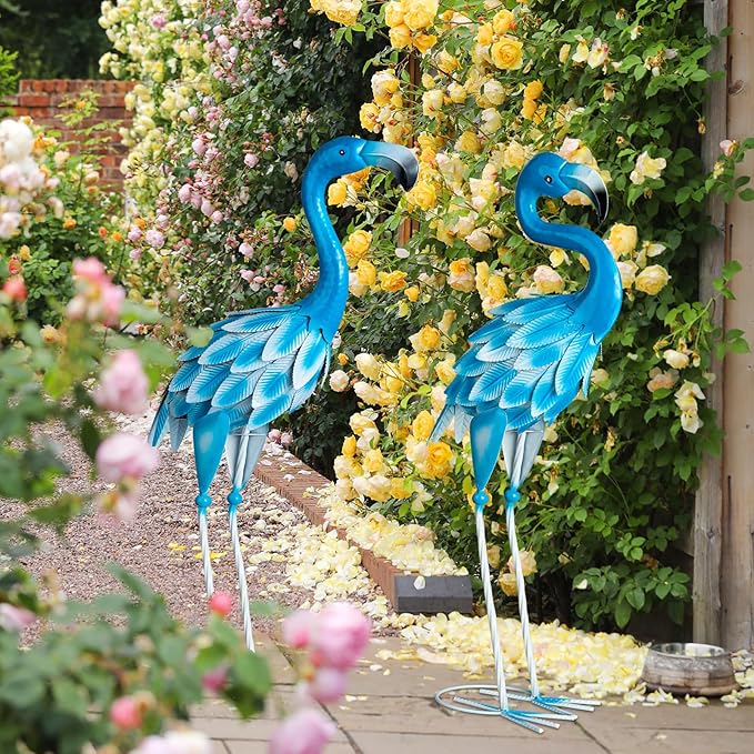 Metal Flamingo Statues, 2Pcs Blue Flamingo Yard Art Sculptures for Garden Home Patio Lawn Backyard Decorations