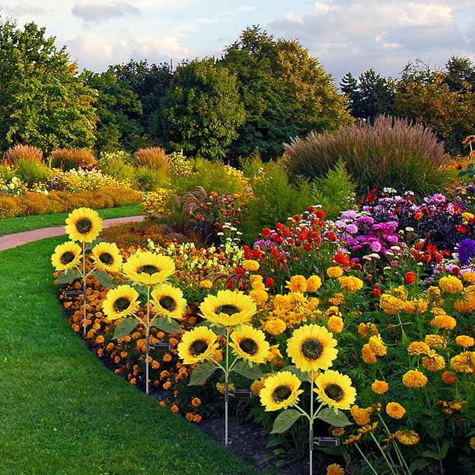 Meagoo Solar Sunflower Lights, 800mA Solar Garden Light with Real Looking Flowers Outdoor Waterproof Solar Stake Lights for Back Yard, Flower Bed, Pathway, Patio, Porch, Fall Decoration (6 Pack)