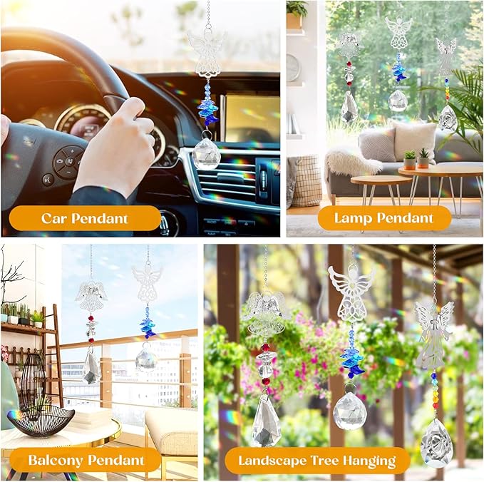 3 Pieces Crystal Sun Catchers - Angel Suncatchers for Windows Glass Heart Prism Sun Catcher with Chain Pendant Hanging Decor for Lamps Light Home Window Curtain Office Garden Car Decoration