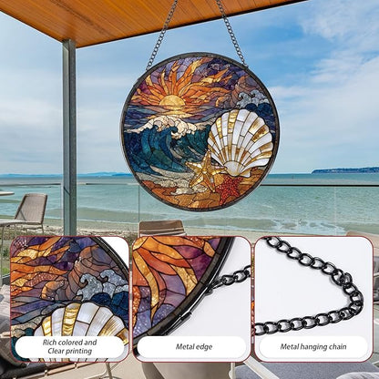 Rngmsi Beach Stained Glass Window Hanging, 7.8″ Shells Conch Sun Catchers with Hook Indoor Window Decor Gift, Decorative Sun Catchers Ornaments Home Garden Art for Housewarming