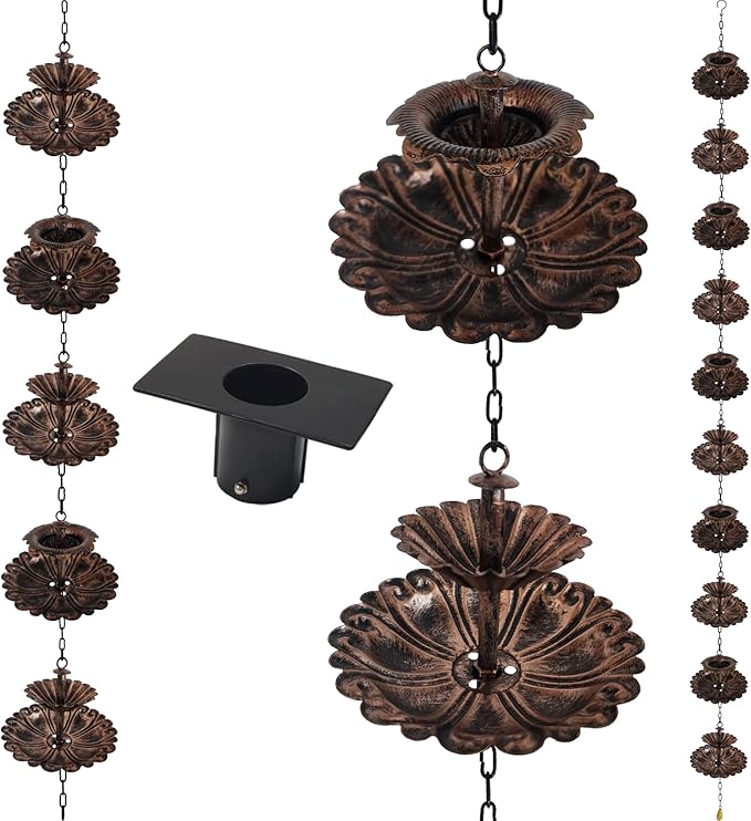 Fountain Rain Chain for Gutters – Large & Small Cup Designed Rain Chains, Customizable DIY Layout, Rust-Resistant Coated Metal Downspout Alternative for Garden, Patio & Outdoor Décor (8.5 FT)