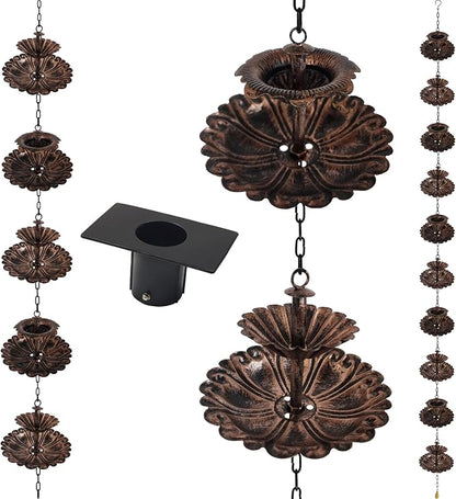 Fountain Rain Chain for Gutters – Large & Small Cup Designed Rain Chains, Customizable DIY Layout, Rust-Resistant Coated Metal Downspout Alternative for Garden, Patio & Outdoor Décor (8.5 FT)