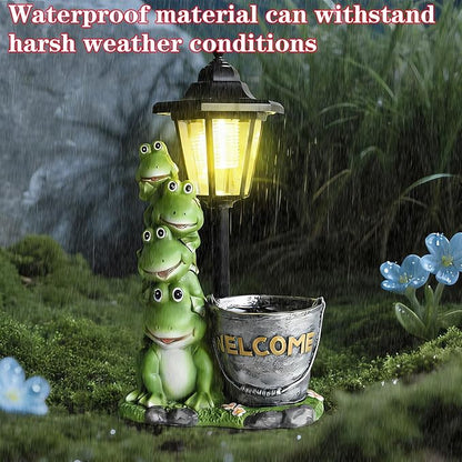 Solar Frog Statue for Outdoor Garden Decor, 13.4 Inch Outside Frog Family Ornaments with Lantern and Flowerpot for Garden, Balcony, Patio, Yard, Lawn -Birthday Gifts for Women Grandparents