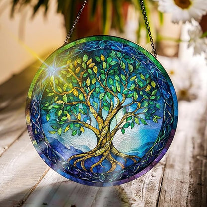 Bimkole Tree of Life Stained Glass Suncatcher Window Hanging - Leaves Indoor Window or Doorway Decoration - Handmade Sun Catcher Decor for Garden Home Christmas & Birthday Gifts 7.87x7.87 Inch