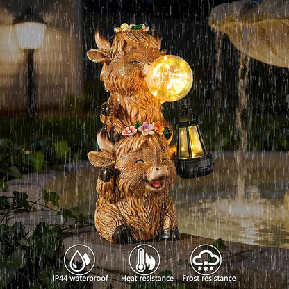 Joint Honglin Solar Highland Cow Garden Statue with LED Lights, Cute Resin Outdoor Decor with Glowing Lantern & Light-Up Bubble, Waterproof Solar Yard Ornament for Lawn, Patio & Garden (Brown Cow)