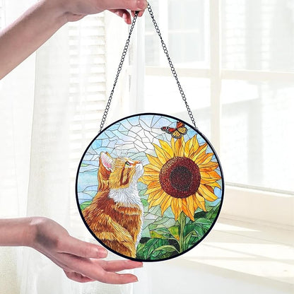 Orange Cat Stained Glass Suncatcher Orange Cat Lovers Gifts Window Hanging Garden Decor, Sunflower Memorial Pet Loss Sympathy Gift Christmas Birthday for Grandma, Friends, Mom, Women
