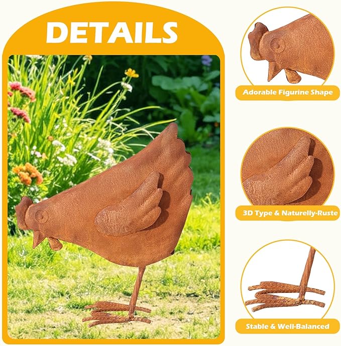 Rooster Garden Statue Decorations,Outdoor Sculpture Chicken Farm Animals Decoration,11.8" Rusty Chicken Decor for Patio Lawn Backyard Yard,Vintage Rustic Chicken Figurine Animal Ornaments