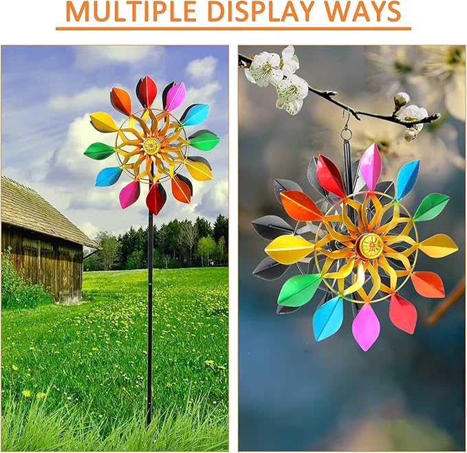 63 Inch Kinetic Wind Spinners with Garden Stake, Rainbow Metal Windmill Decorations, 360 Swivel Outdoor Wind Sculpture, Dual Direction Colorful Wind Catcher for Yard Art, Lawn, Garden Decor, Gifts