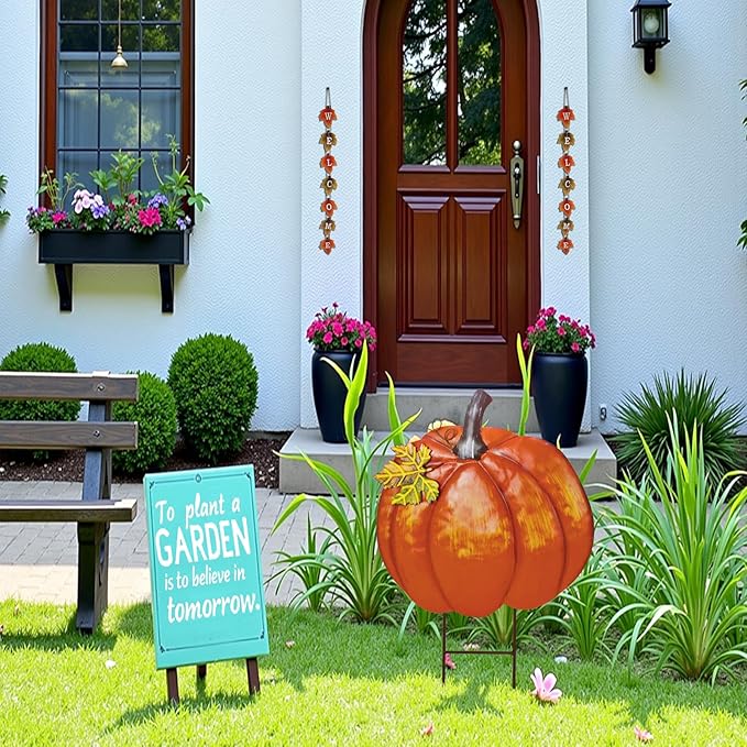 K KILIPES 18.9" H Metal Pumpkin Garden Stake Decorative Fall Pumpkin Yard Sign for Home Outside Garden Lawn Porch Autumn Thanksgiving Decorations (2)