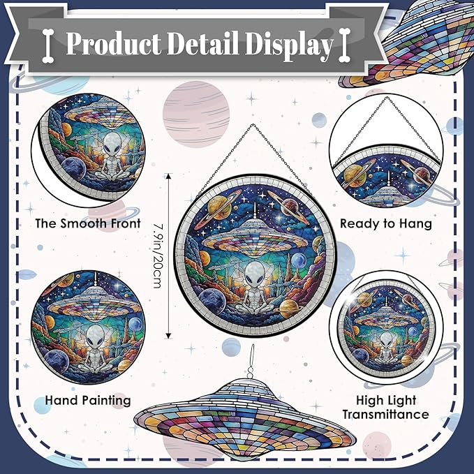 Alien Spaceship Stained Glass Window Hanging, 7.9" UFO Sun Catcher Glass Panel Boho Wall Art Decor, Hand Painted Round Ornament for Friends, Art Lover, Astronomer