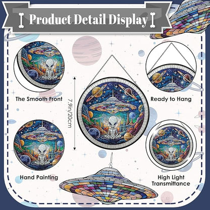 Alien Spaceship Stained Glass Window Hanging, 7.9" UFO Sun Catcher Glass Panel Boho Wall Art Decor, Hand Painted Round Ornament for Friends, Art Lover, Astronomer