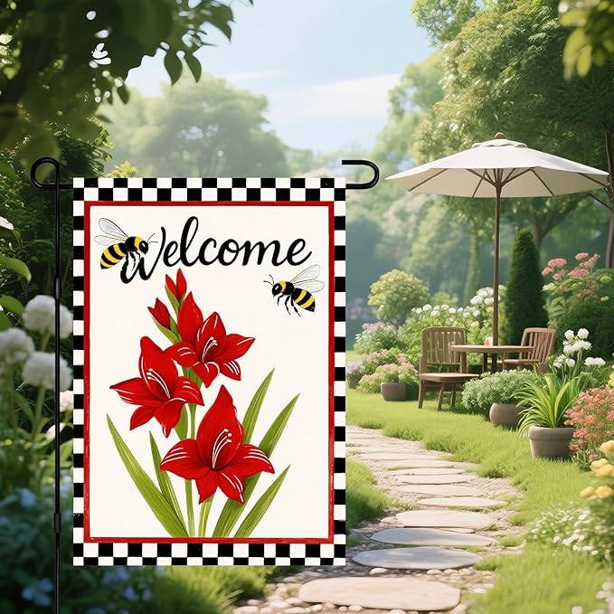 IVN Welcome Garden Flag 12x18 Inch Double Sided Spring Summer Garden Yard Flags Red Amaryllis Flowers Bees Decorative Small Flags for Outdoor Seasonal Front Door Lawn Porch Patio Decor Yard Flag